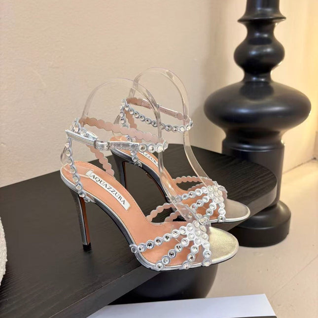 AQUAZZURA TEQUILA CRYSTAL-EMBELLISHED HIGH HEELS IN SILVER CALFSKIN