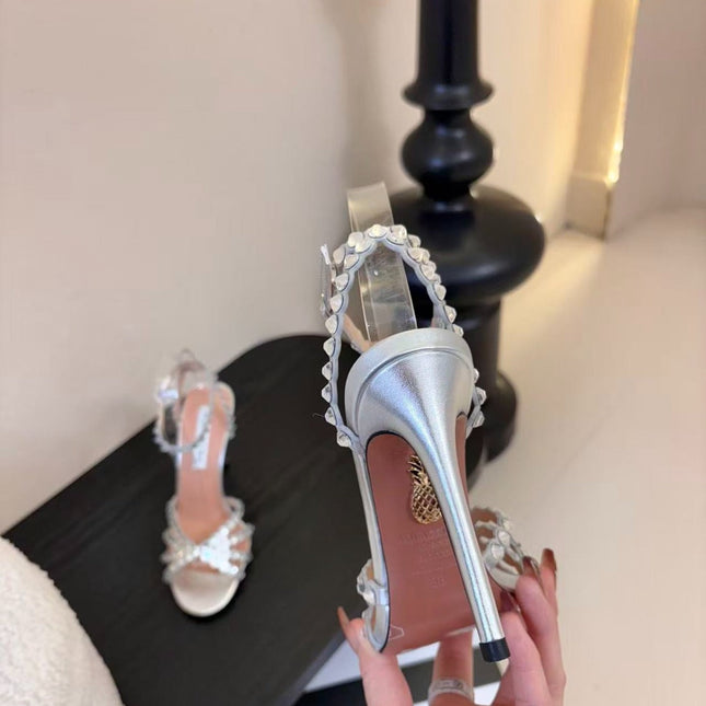 AQUAZZURA TEQUILA CRYSTAL-EMBELLISHED HIGH HEELS IN SILVER CALFSKIN