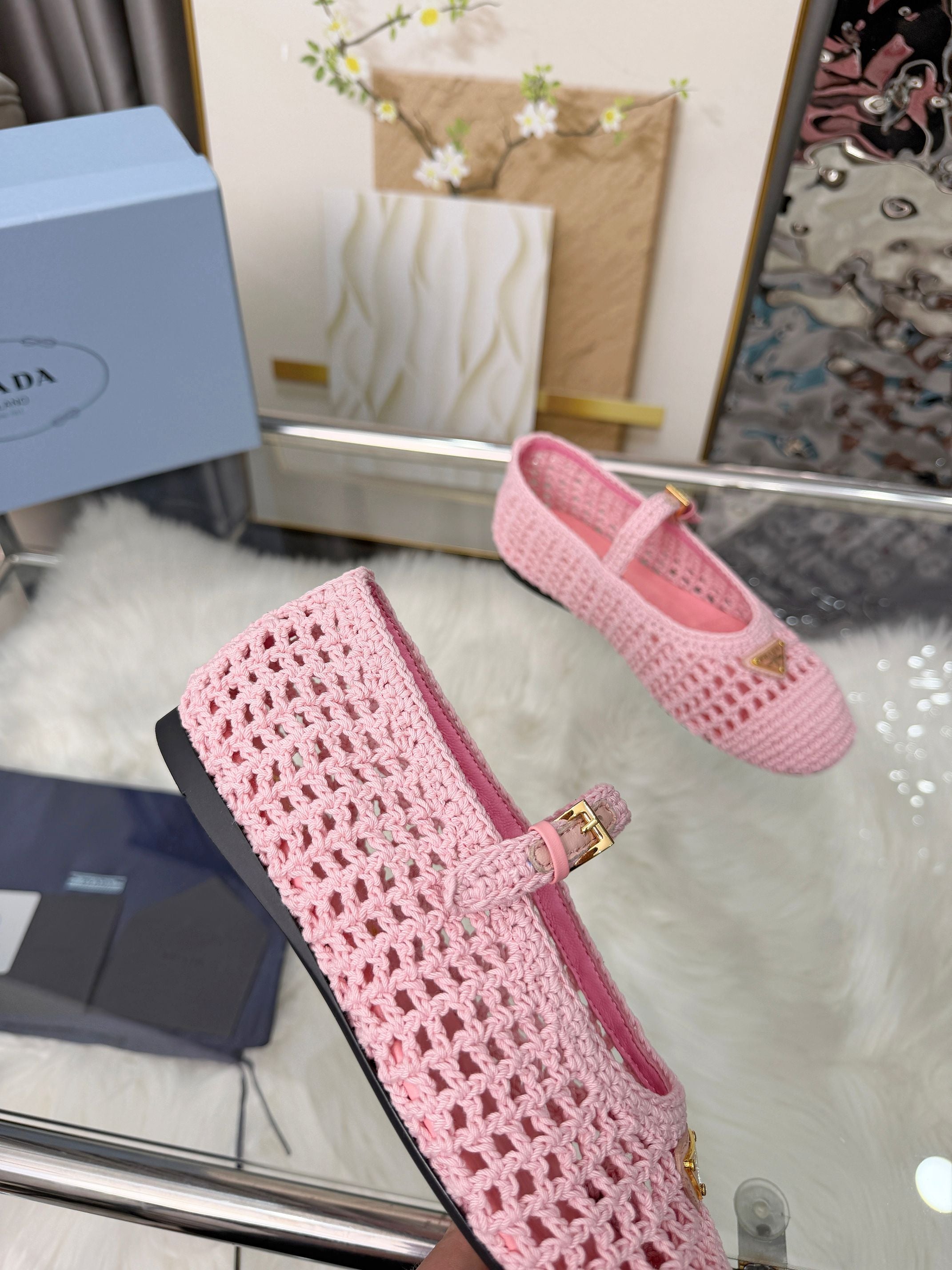 PRADA MARY JANE FLATS IN PINK CROCHET