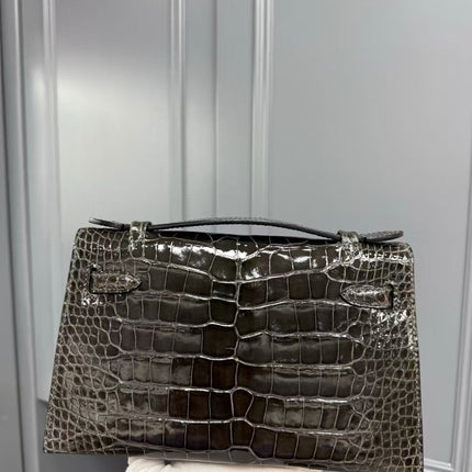 HM KELLY MINI 22 IN BROWN AMERICAN ALLIGATOR SILVER BUCKLE
