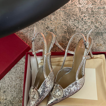 VALENTINO 26S SLINGBACKS 75 MM IN METALLIC SILVER SNAKESKIN