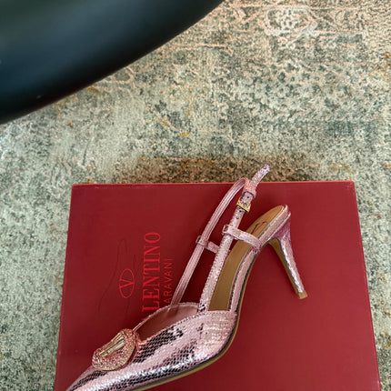 VALENTINO 26S SLINGBACKS 75 MM IN METALLIC PINK SNAKESKIN