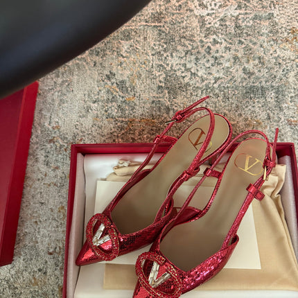 VALENTINO 26S SLINGBACKS 75 MM IN METALLIC RED SNAKESKIN