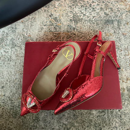 VALENTINO 26S SLINGBACKS 75 MM IN METALLIC RED SNAKESKIN