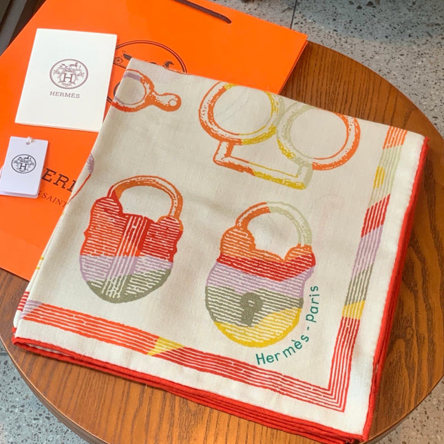 HERMES 26S PRINTED SQUARE SCARF 135 IN CASHMERE AND SILK 307236