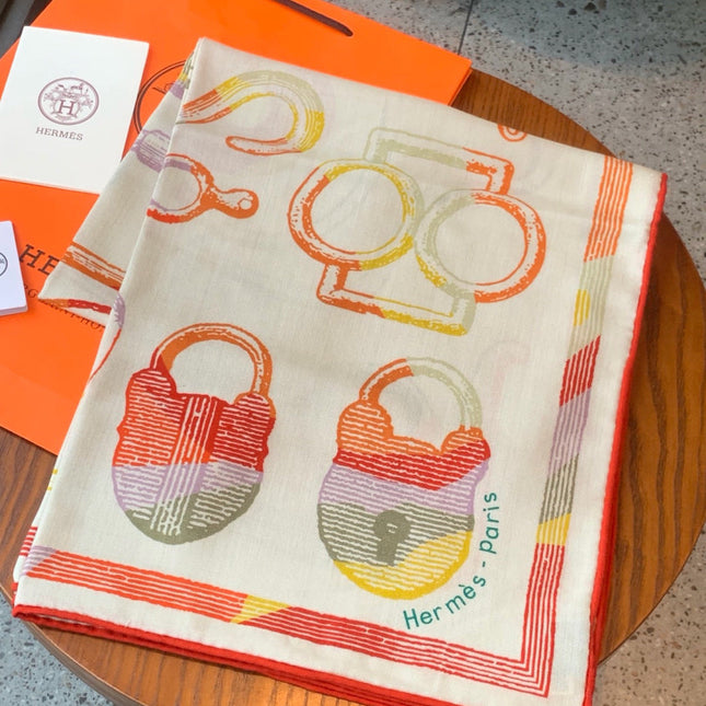 HERMES 26S PRINTED SQUARE SCARF 135 IN CASHMERE AND SILK 307236