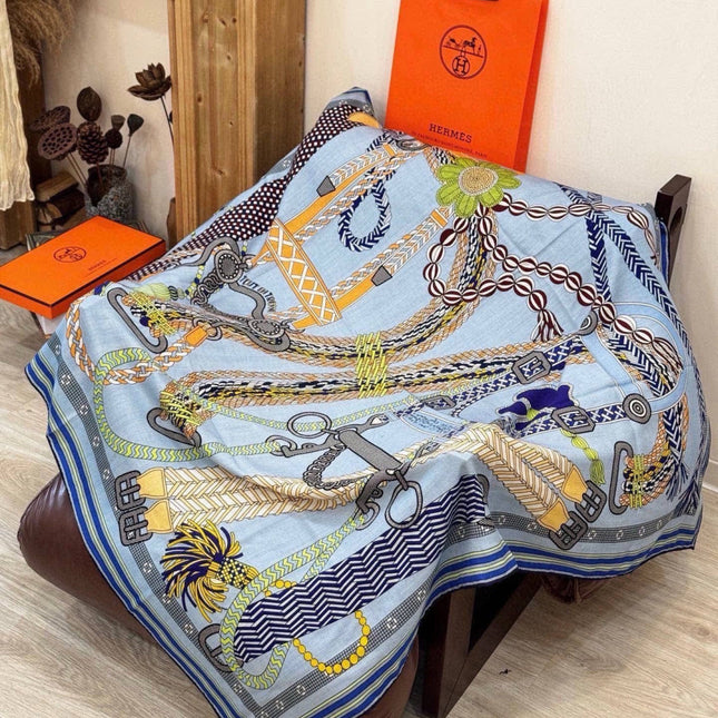 HERMES 26S PRINTED SQUARE SCARF 135 IN CASHMERE AND SILK 307245