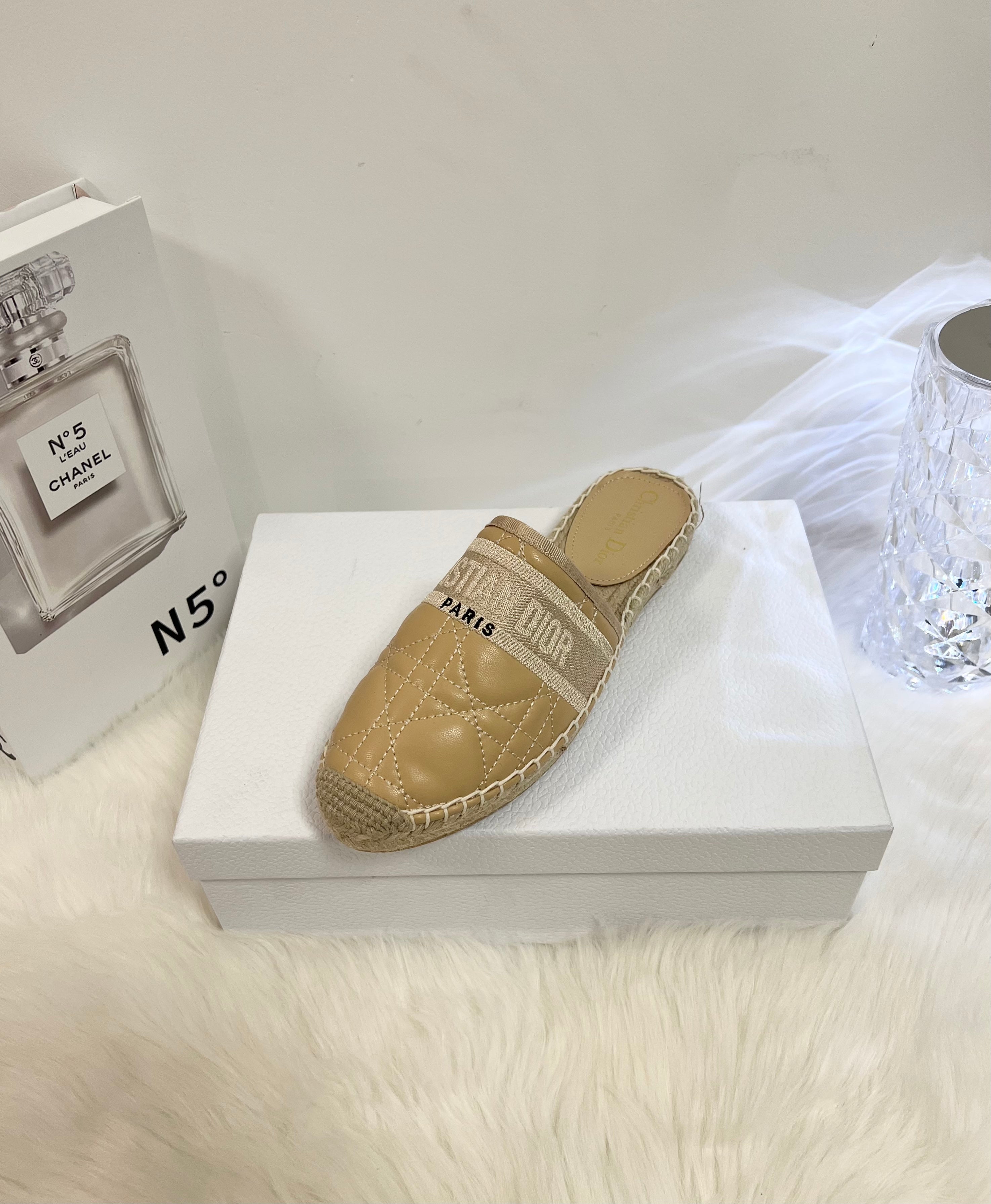 GRANVILLE ESPADRILLE MULE CAMEL BEIGE QUILTED CANNAGE CALFSKIN