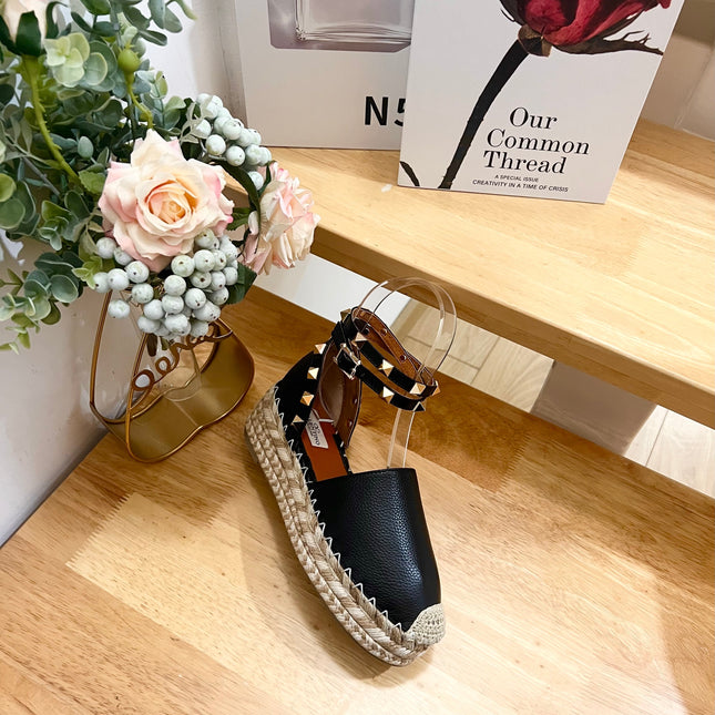 BLACK LEATHER ROCKSTUD ESPADRILLES ANKLE STRAP FLATS