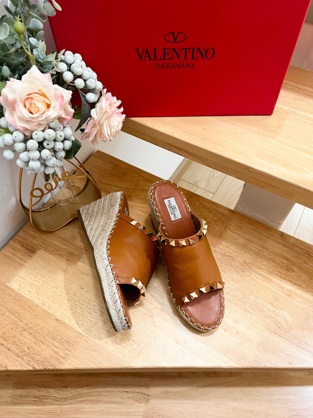 LACE-UP WEDGE SANDALS IN BRONZE BROWN CALFSKIN WITH STUDS