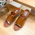 LACE-UP WEDGE SANDALS IN BRONZE BROWN CALFSKIN WITH STUDS
