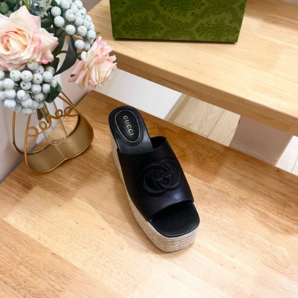 HIGH 10CM WEDGE SANDALS IN BLACK SHEEPSKIN
