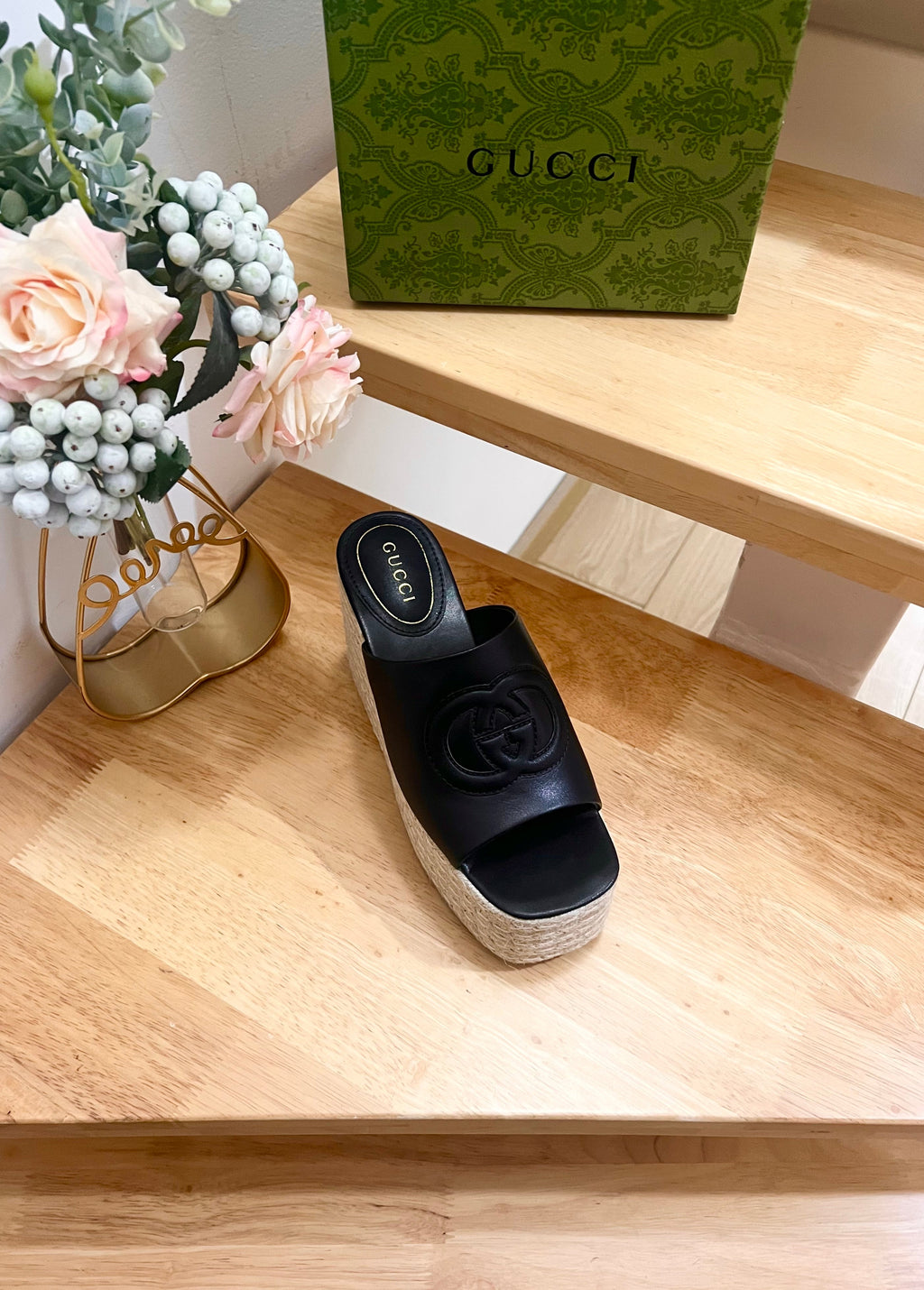 HIGH 10CM WEDGE SANDALS IN BLACK SHEEPSKIN
