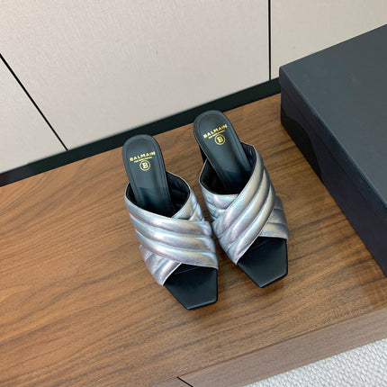 BALMAIN 26S QUILTED PLATFORM MULES 105 MM IN SILVER CALFSKIN