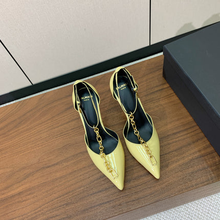 BALMAIN 26S CHAIN HIGH HEELS 95 MM IN PASTEL YELLOW PATENT CALFSKIN