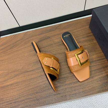 BALMAIN 26S B-BELT FLAT SANDALS IN LIGHT BROWN CALFSKIN AND PONY HAIR