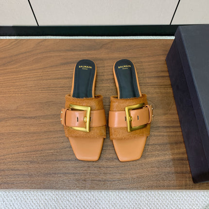BALMAIN 26S B-BELT FLAT SANDALS IN LIGHT BROWN CALFSKIN AND PONY HAIR