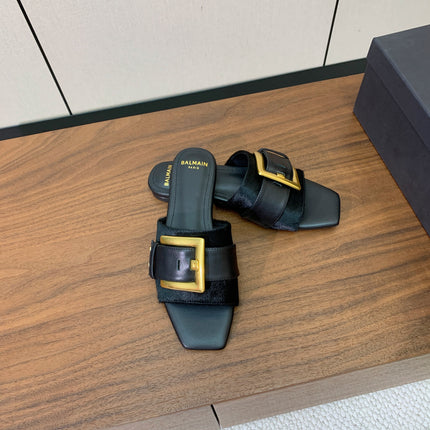 BALMAIN 26S B-BELT FLAT SANDALS IN BLACK CALFSKIN AND PONY HAIR