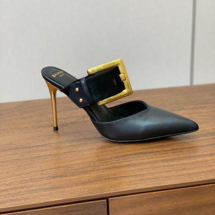 BALMAIN 26S HIGH-HEELED MULES 95 MM IN BLACK CALFSKIN AND PONY HAIR