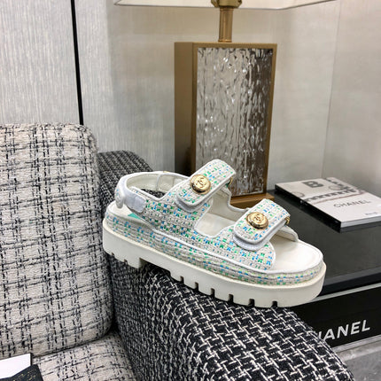 DAD SANDAL IN WHITE MIX PERSIAN GREEN TWEED FABRIC