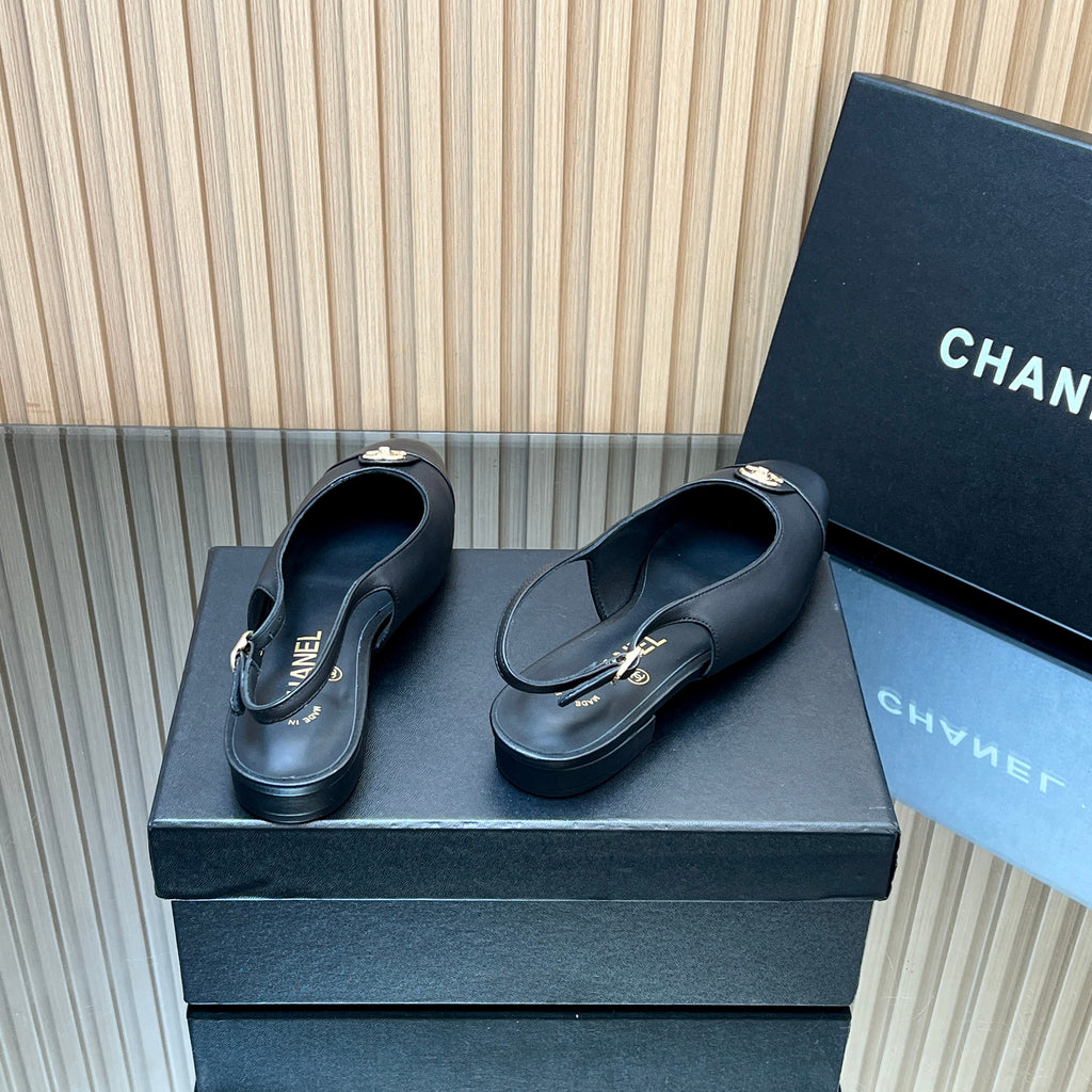 CHANEL 25S SLINGBACK FLATS IN BLACK CALFSKIN GOLD HARDWARE