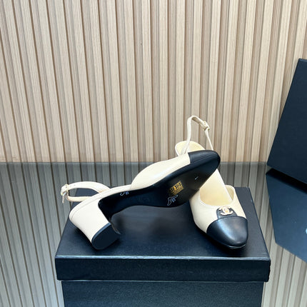 CHANEL 25S SLINGBACK SHOE LOGO 65MM IN BEIGE CALFSKIN GOLD HARDWARE