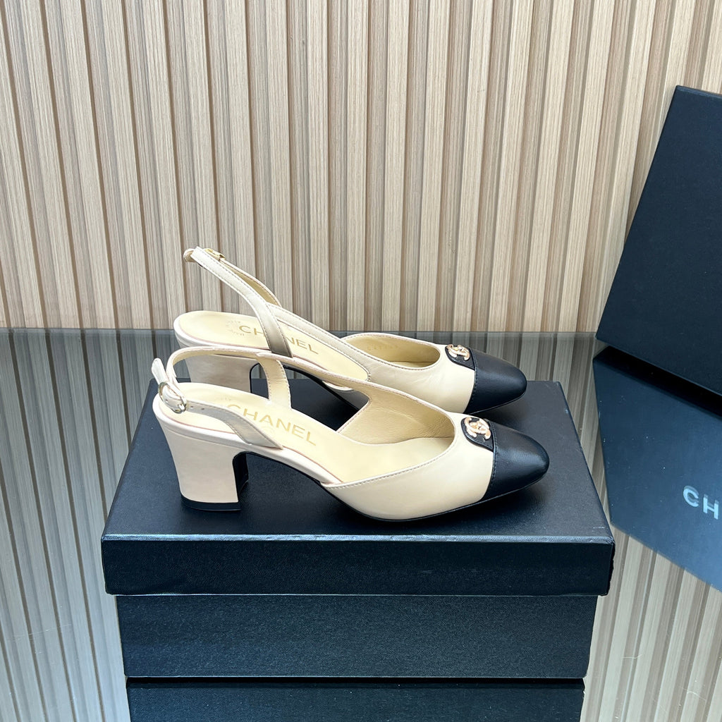 CHANEL 25S SLINGBACK SHOE LOGO 65MM IN BEIGE CALFSKIN GOLD HARDWARE