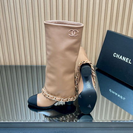 CHANEL 25S KNEE-HIGH HEELED BOOTS 65MM IN BEIGE CALFSKIN GOLD HARDWARE