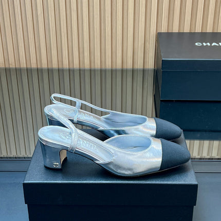 CHANEL 25S SLINGBACK SHOES IN SILVER AND BLACK CALFSKIN