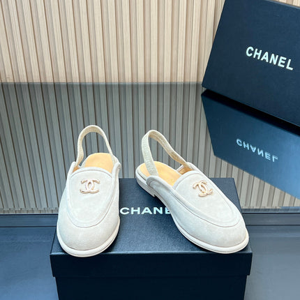 CHANEL 25S BACK STRAP MULE 15MM IN IVORY SUEDE GOLD HARDWARE