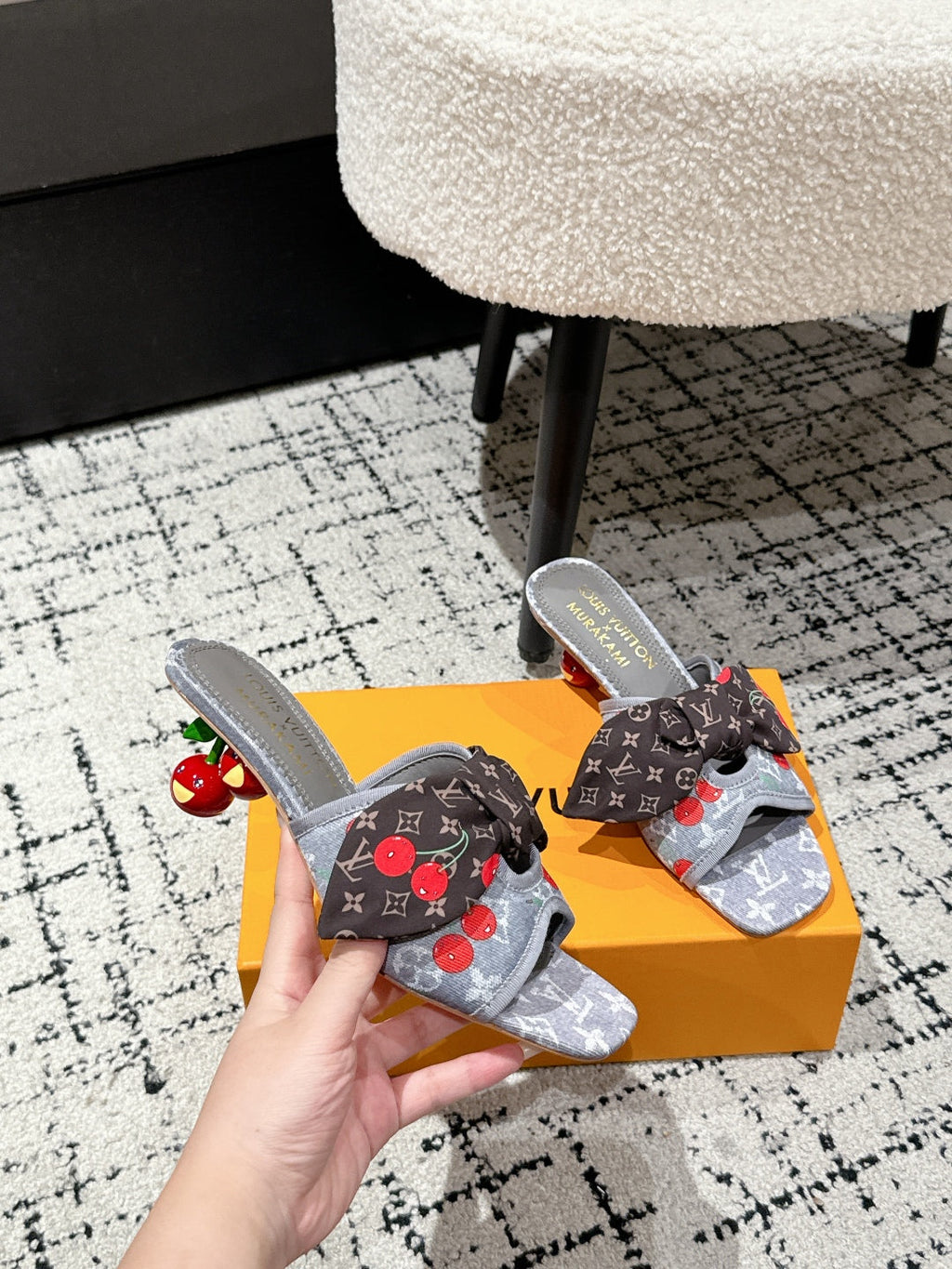 LV CHERRY HIGH HEELS 25S IN GREY DENIM WITH BOW STYLE 1