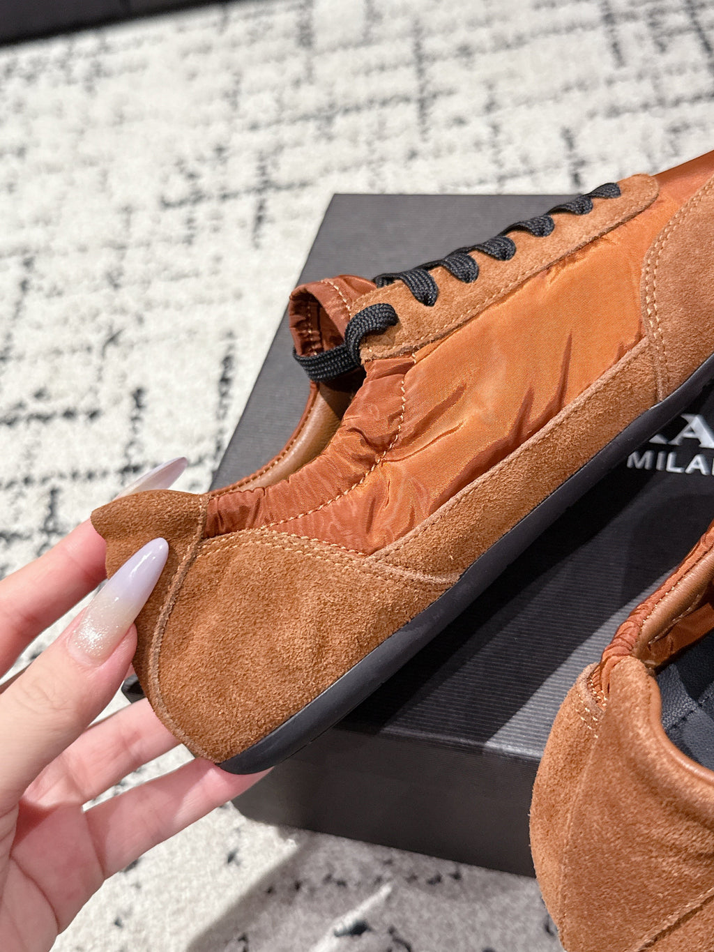 PRADA 25S COLLAPSE SNEAKERS IN BURNT ORANGE RE NYLON AND SUEDE