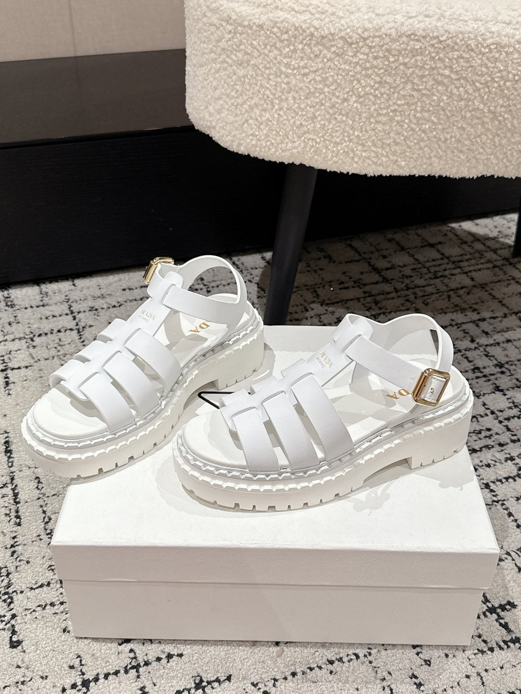 PRADA 25S FISHERMAN OPEN TOE SANDALS IN WHITE CALFSKIN