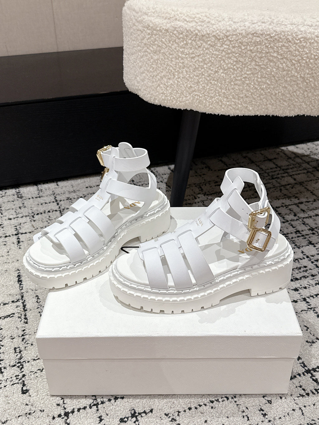 PRADA 25S HIGH TOP OPEN TOE FISHERMAN SANDALS IN WHITE CALFSKIN