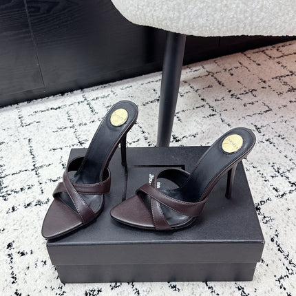YSL 26S HEELED SANDALS 95 MM IN WINE BROWN CALFSKIN WITH CROSS STRAP