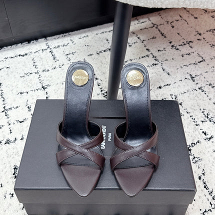 YSL 26S HEELED SANDALS 95 MM IN WINE BROWN CALFSKIN WITH CROSS STRAP