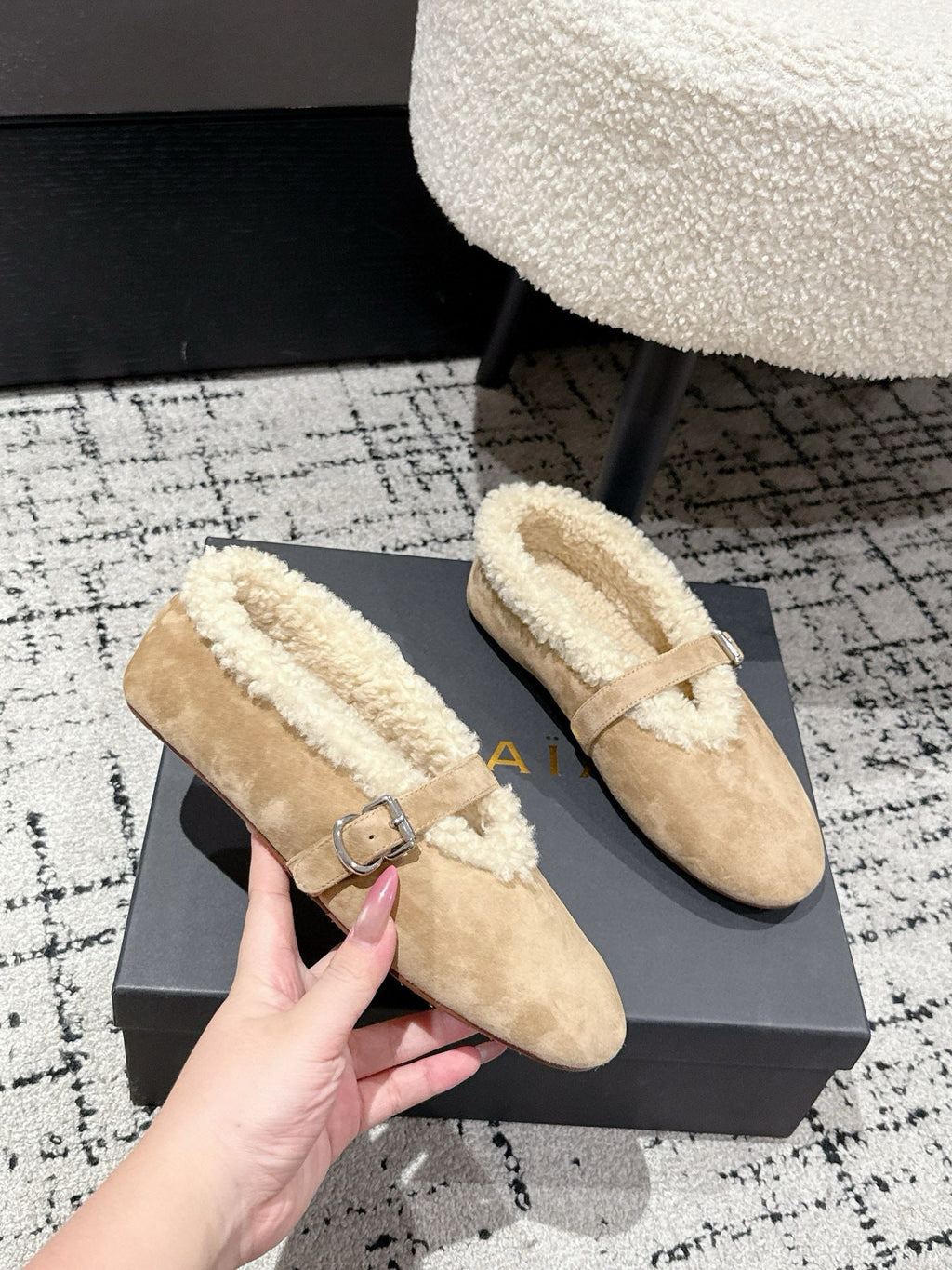 ALAIA 26S  BALLET FLATS IN DARK BEIGE SUEDE AND WOOL
