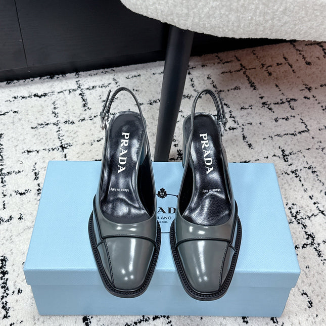 PRADA 26S SLINGBACK PUMPS 70MM IN STEEL GRAY PATENT CALFSKIN