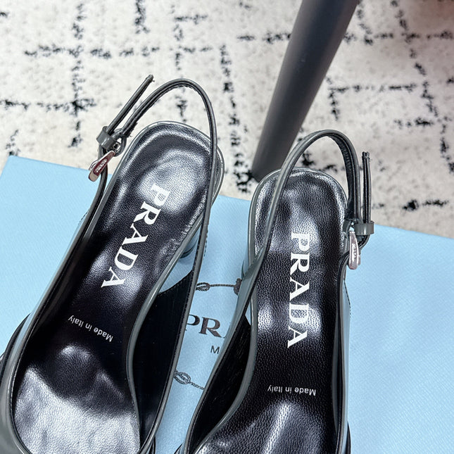 PRADA 26S SLINGBACK PUMPS 70MM IN STEEL GRAY PATENT CALFSKIN