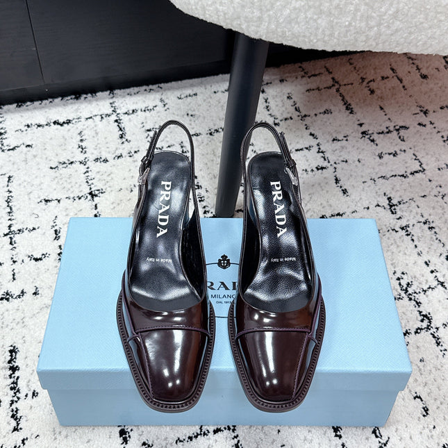 PRADA 26S SLINGBACK PUMPS 70MM IN DARK BROWN PATENT CALFSKIN
