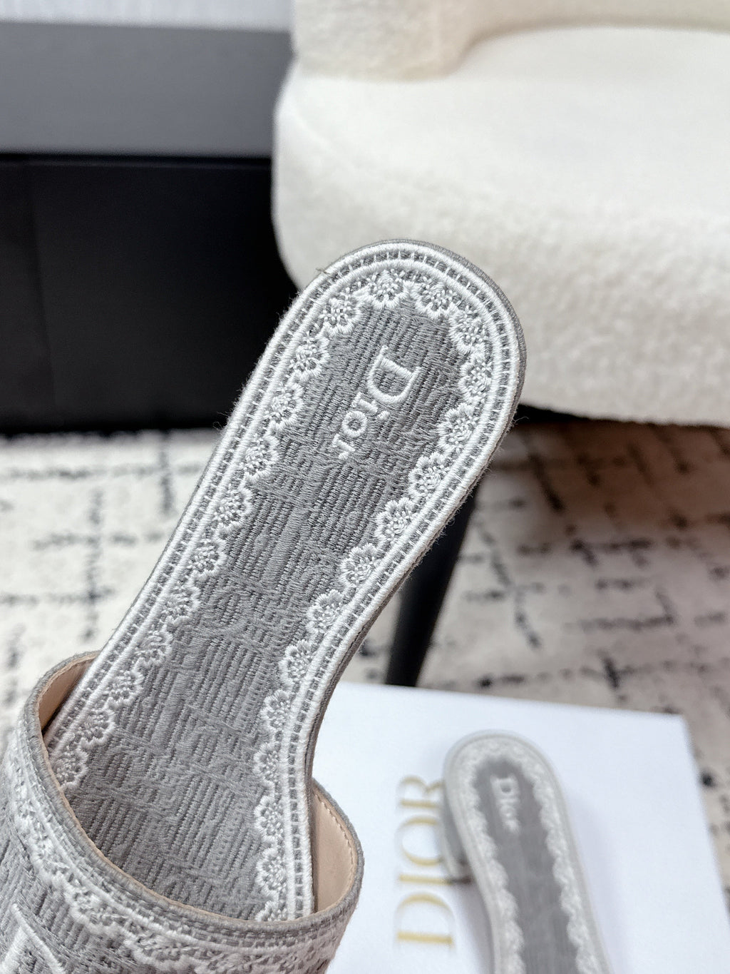 DIOR 26S HIGH HEEL SLIDES IN GREY EMBOSSED OBLIQUE LACE EMBROIDERY
