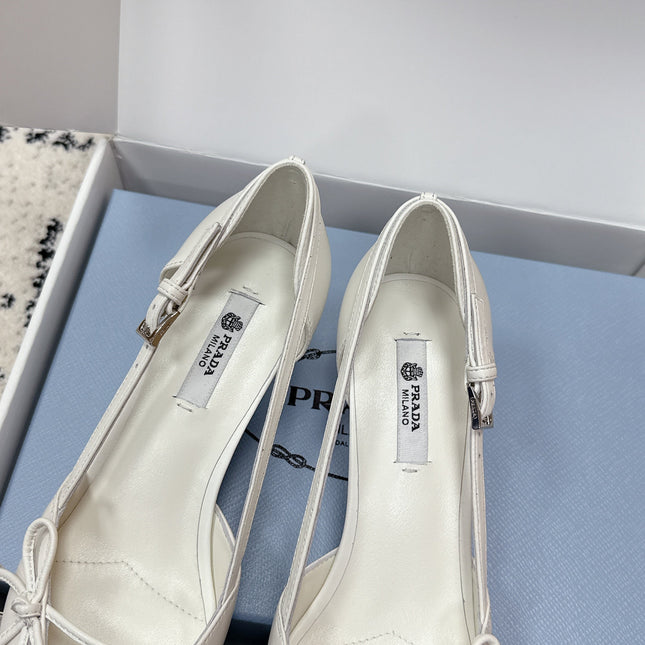 PRADA 26S POINTED-TOE HIGH HEELS 55MM IN WHITE CALFSKIN WITH BOW
