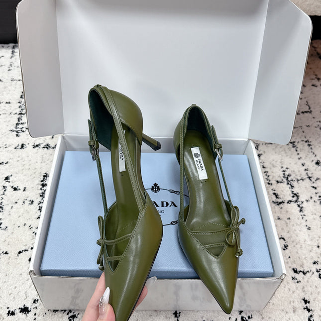 PRADA 26S POINTED-TOE HIGH HEELS 55MM IN DARK OLIVE GREEN CALFSKIN WITH BOW