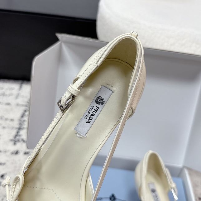 PRADA 26S POINTED-TOE HIGH HEELS 55MM IN IVORY WHITE CALFSKIN WITH BOW