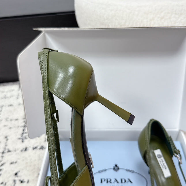 PRADA 26S POINTED-TOE HIGH HEELS 75MM IN DARK OLIVE GREEN CALFSKIN WITH BOW