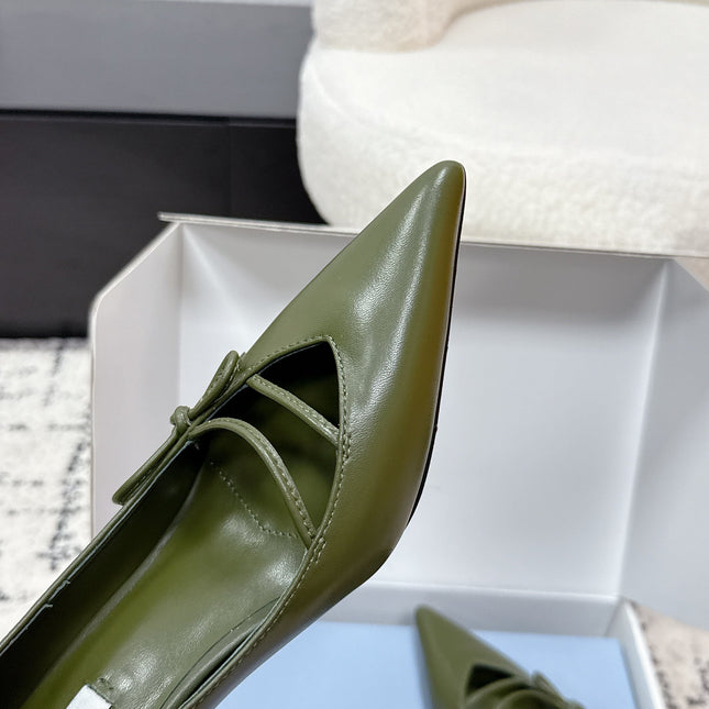 PRADA 26S POINTED-TOE HIGH HEELS 75MM IN DARK OLIVE GREEN CALFSKIN