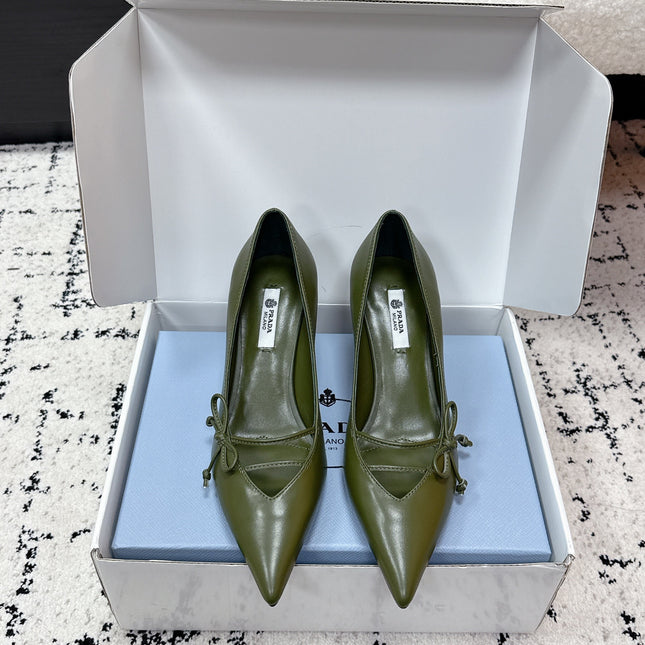 PRADA 26S POINTED-TOE HIGH HEELS 75MM IN DARK OLIVE GREEN CALFSKIN