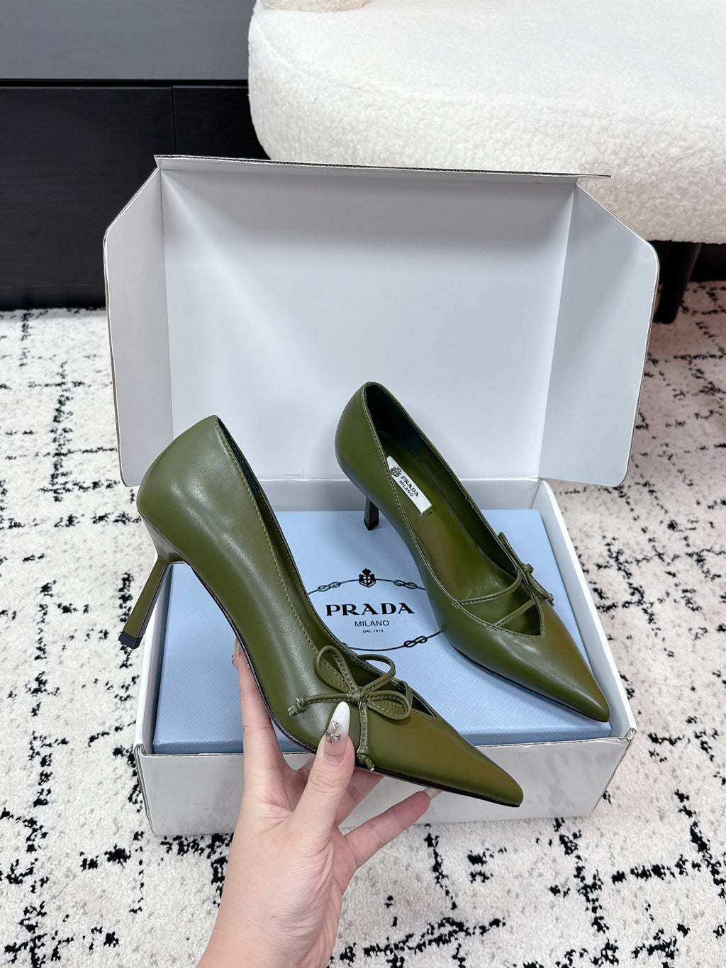 PRADA 26S POINTED-TOE HIGH HEELS 75MM IN DARK OLIVE GREEN CALFSKIN