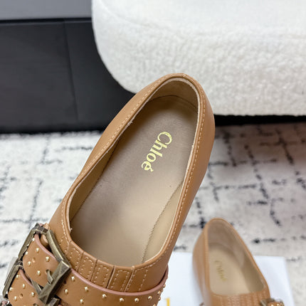 CHLOÉ 26S FLAT SHOES IN BROWN CALFSKIN WITH METAL STUDS