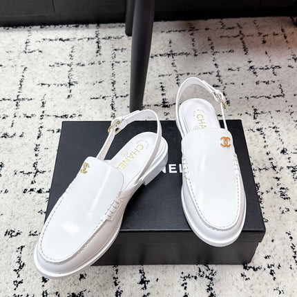CHANEL 26S SLINGBACK LOAFERS IN WHITE PATENT CALFSKIN WITH CC LOGO
